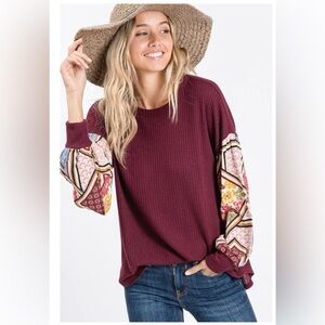 7th Ray boho patchwork thermal waffle puff ballon sleeve top red maroon medium